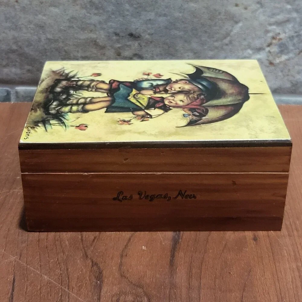 Vintage Hummel Boy and Girl Under Umbrella Wooden Trinket Jewelry Cedar Box Bras